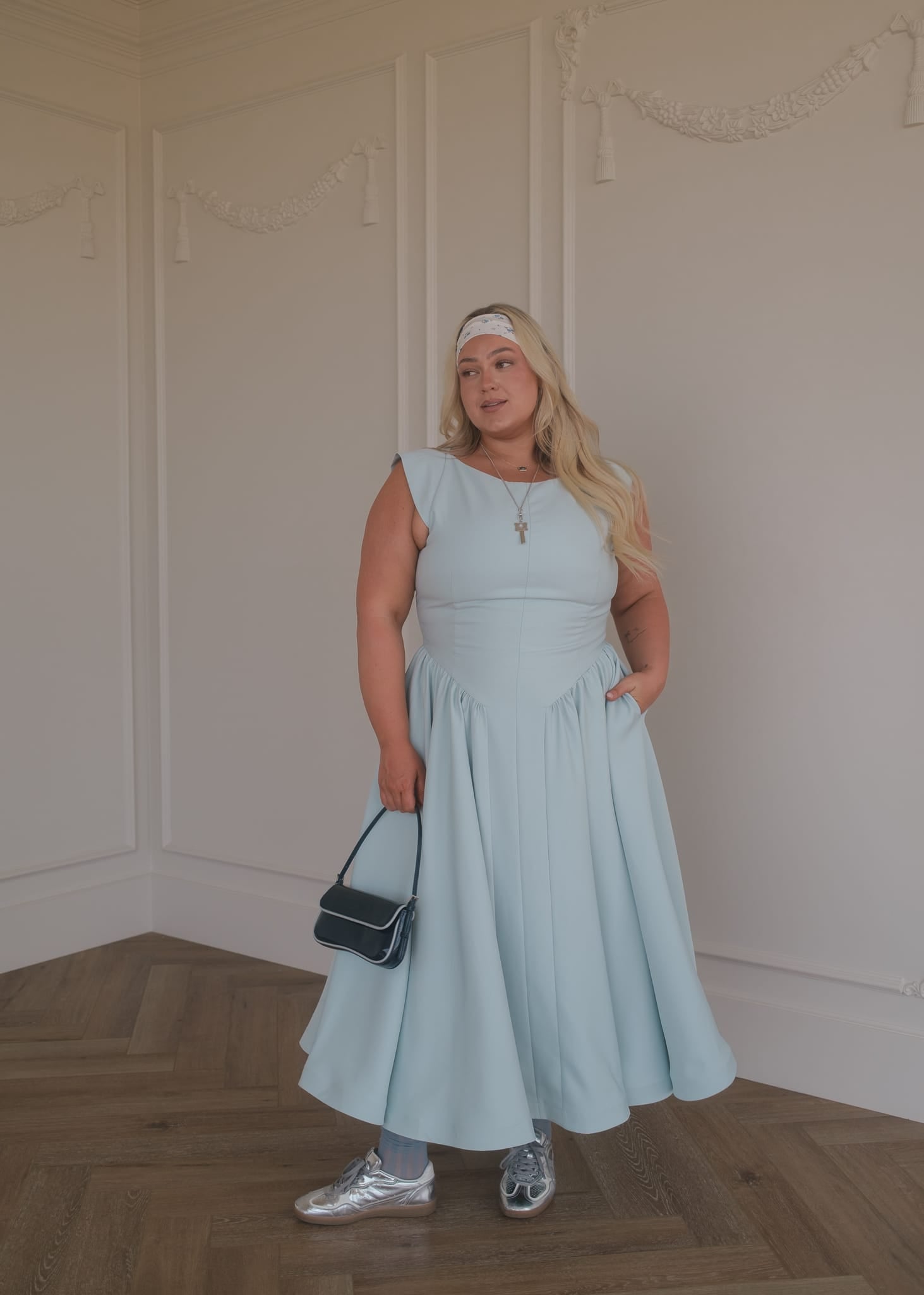chic size inclusive model wearing JessaKae Diana Drop Waist Keyhole Back Dress - Light Blue Dresses