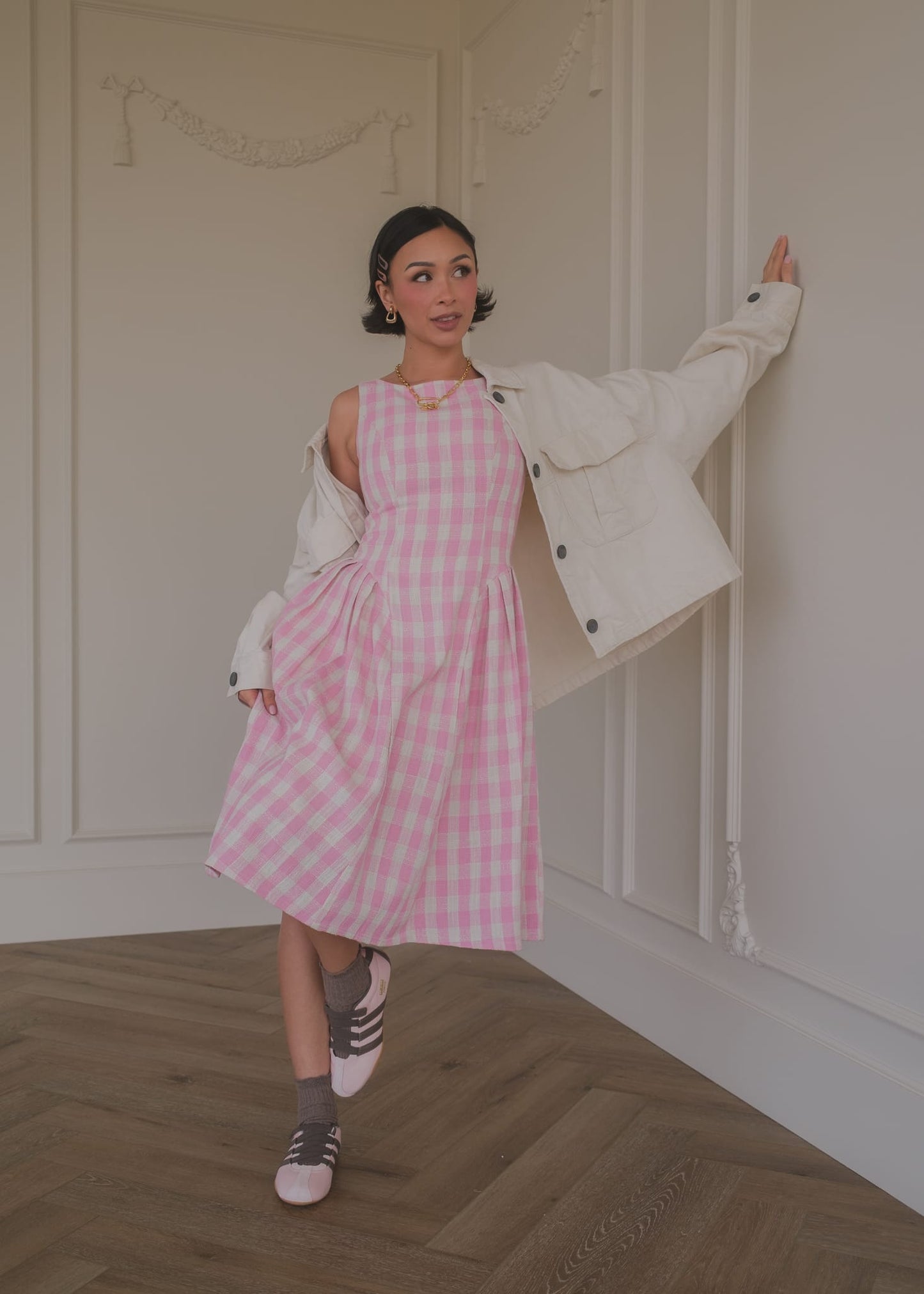 chic size inclusive model wearing JessaKae Elle Drop Waist Gingham Dress - Pink Dresses