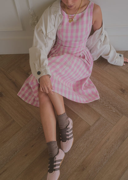 chic size inclusive model wearing JessaKae Elle Drop Waist Gingham Dress - Pink Dresses