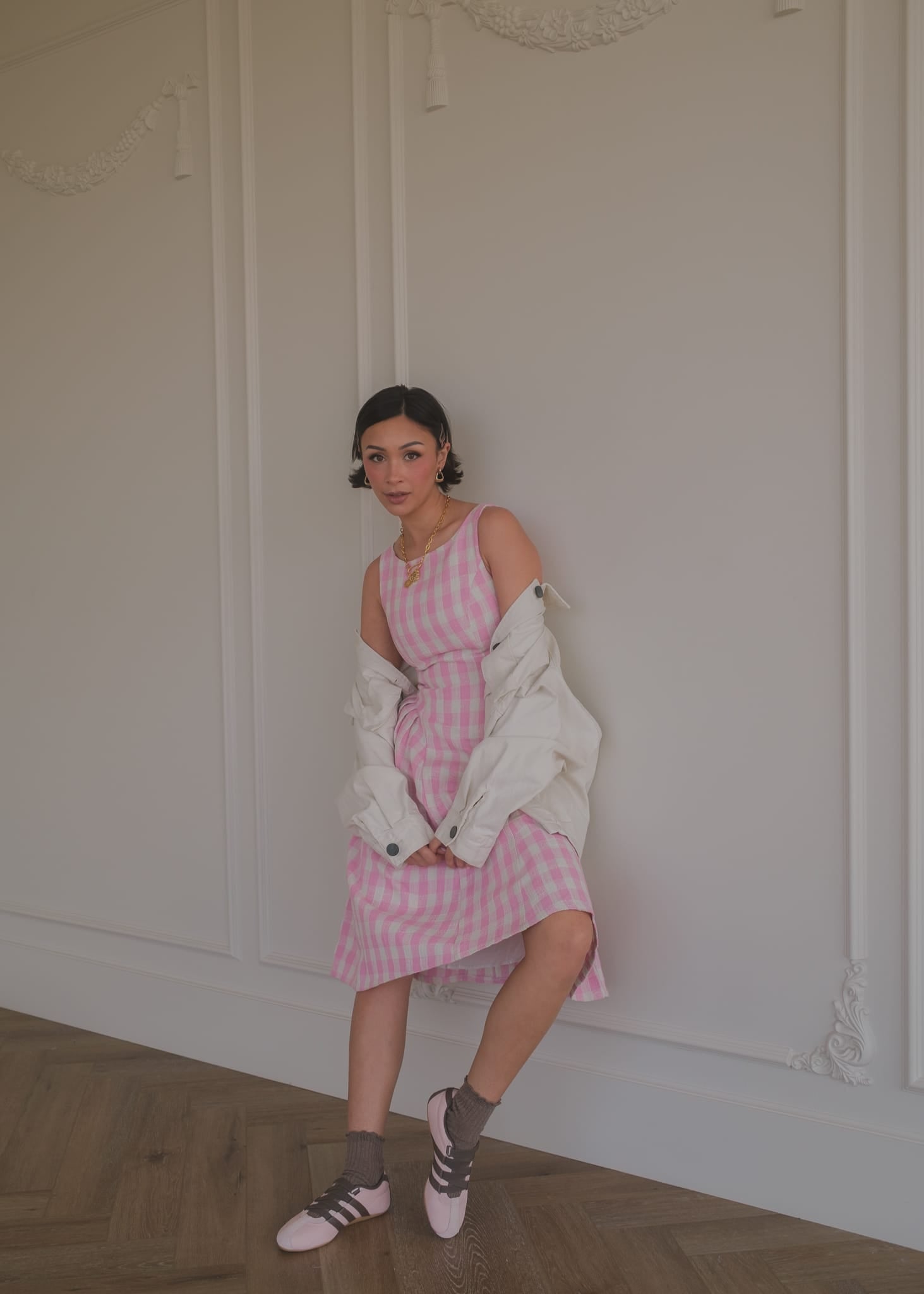 chic size inclusive model wearing JessaKae Elle Drop Waist Gingham Dress - Pink Dresses