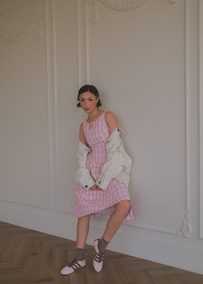 chic size inclusive model wearing JessaKae Elle Drop Waist Gingham Dress - Pink Dresses