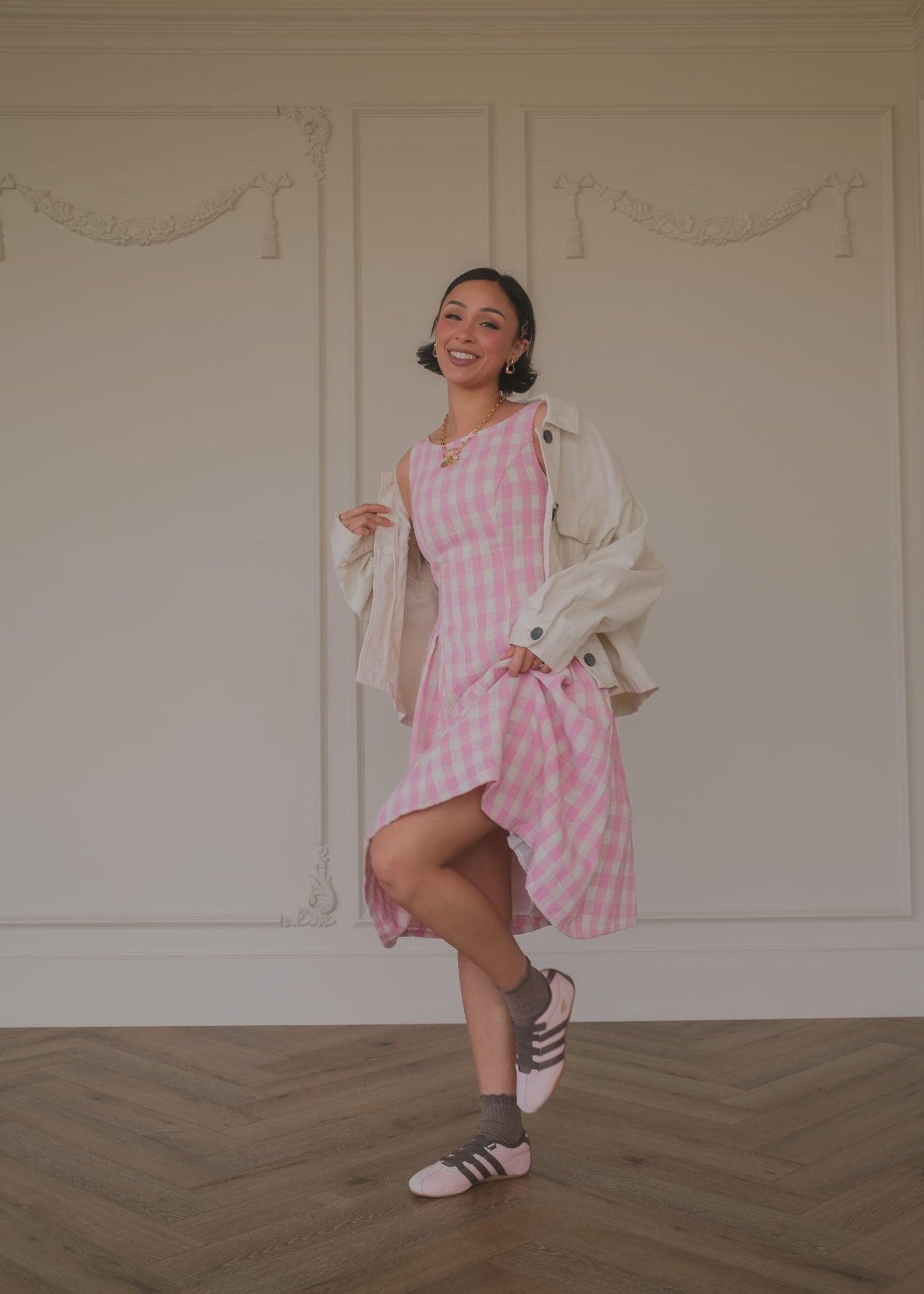 chic size inclusive model wearing JessaKae Elle Drop Waist Gingham Dress - Pink Dresses