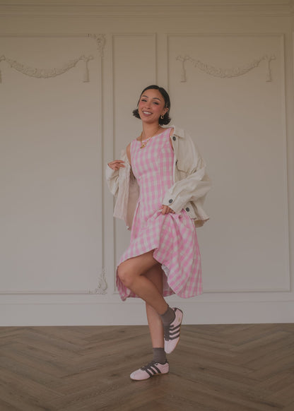 chic size inclusive model wearing JessaKae Elle Drop Waist Gingham Dress - Pink Dresses