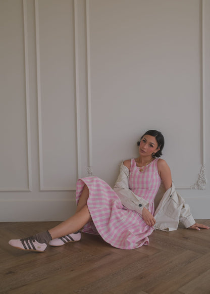 chic size inclusive model wearing JessaKae Elle Drop Waist Gingham Dress - Pink Dresses
