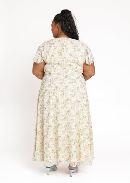 chic size inclusive model wearing JessaKae Elodie A-line Floral Midi Dress - Cream