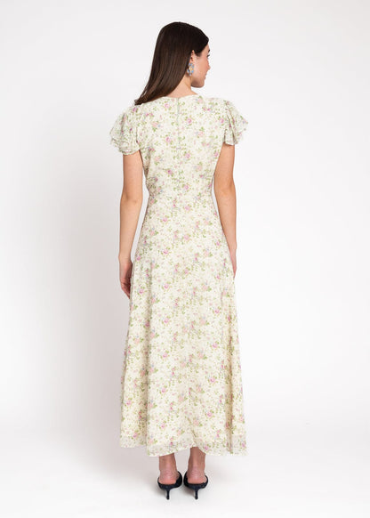 chic size inclusive model wearing JessaKae Elodie A-line Floral Midi Dress - Cream