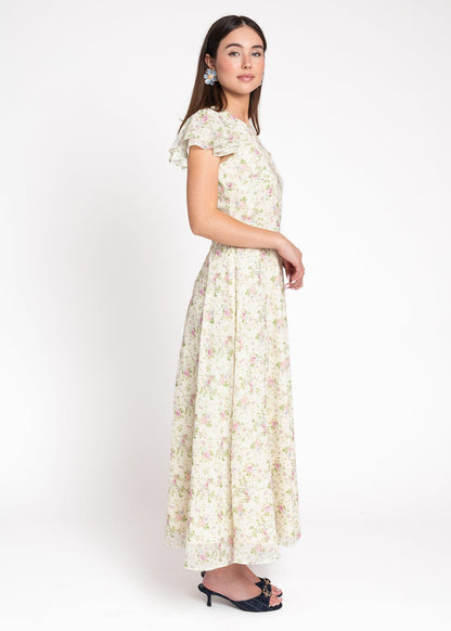 chic size inclusive model wearing JessaKae Elodie A-line Floral Midi Dress - Cream