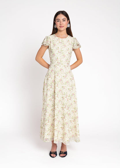 chic size inclusive model wearing JessaKae Elodie A-line Floral Midi Dress - Cream