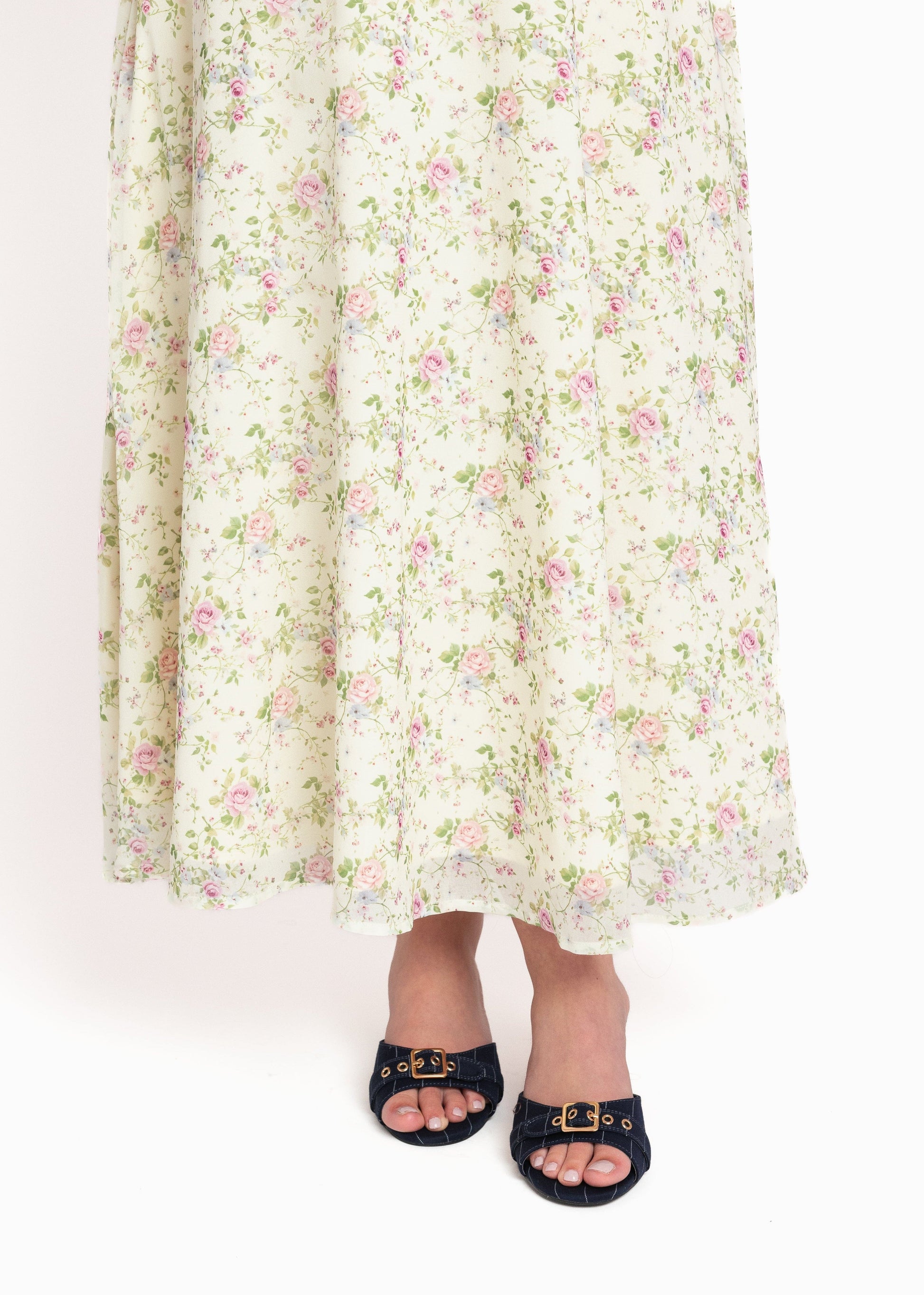 chic size inclusive model wearing JessaKae Elodie A-line Floral Midi Dress - Cream