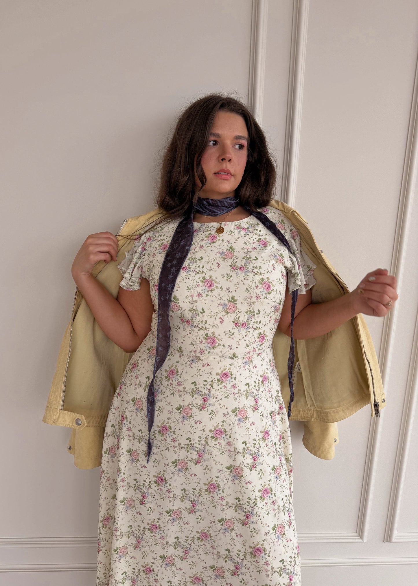 chic size inclusive model wearing JessaKae Elodie A-line Floral Midi Dress - Cream Dresses