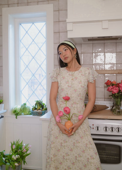 chic size inclusive model wearing JessaKae Elodie A-line Floral Midi Dress - Cream Dresses