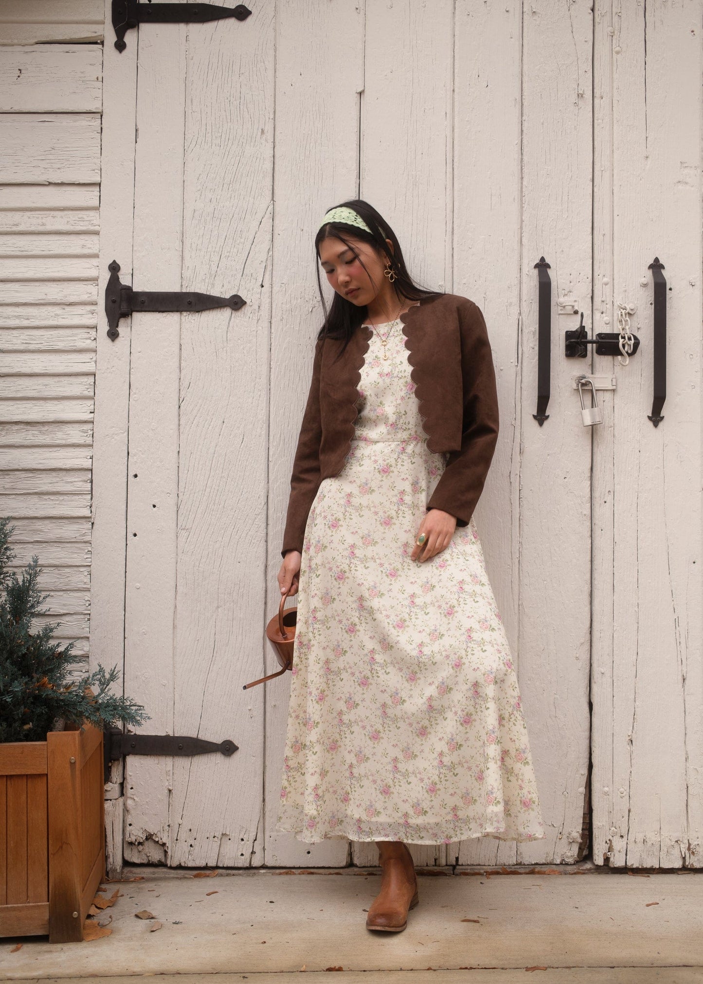 chic size inclusive model wearing JessaKae Elodie A-line Floral Midi Dress - Cream Dresses