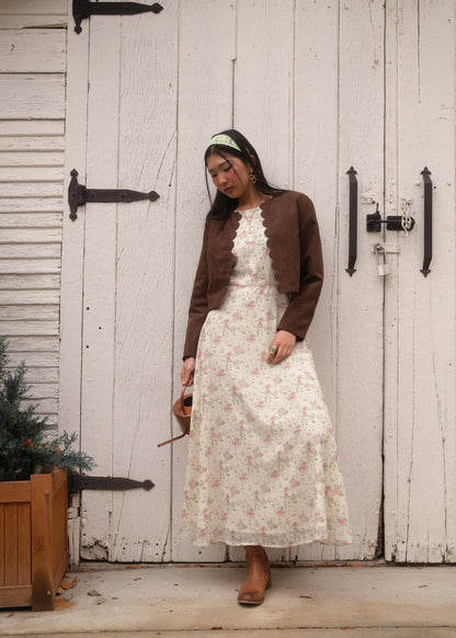 chic size inclusive model wearing JessaKae Elodie A-line Floral Midi Dress - Cream Dresses