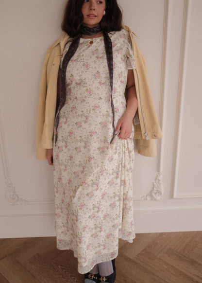 chic size inclusive model wearing JessaKae Elodie A-line Floral Midi Dress - Cream Dresses