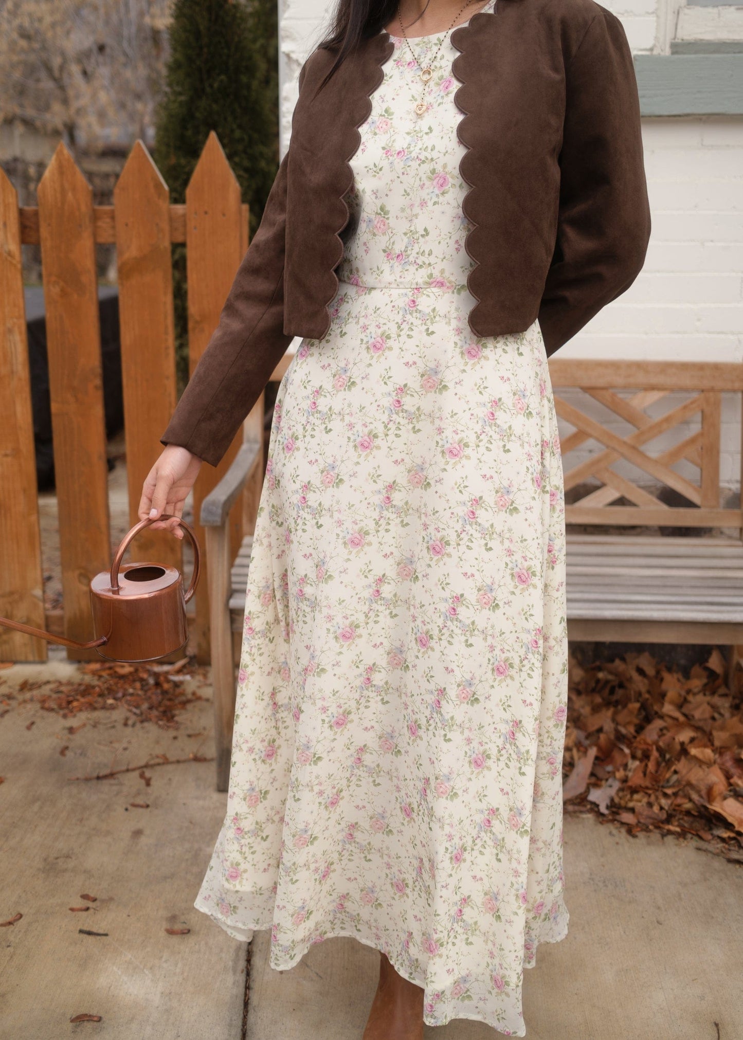 chic size inclusive model wearing JessaKae Elodie A-line Floral Midi Dress - Cream Dresses