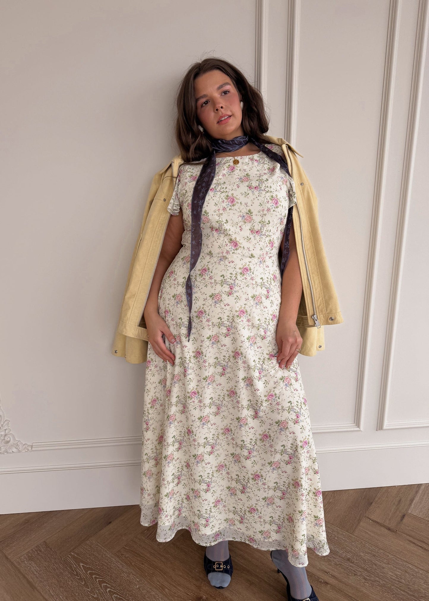 chic size inclusive model wearing JessaKae Elodie A-line Floral Midi Dress - Cream Dresses