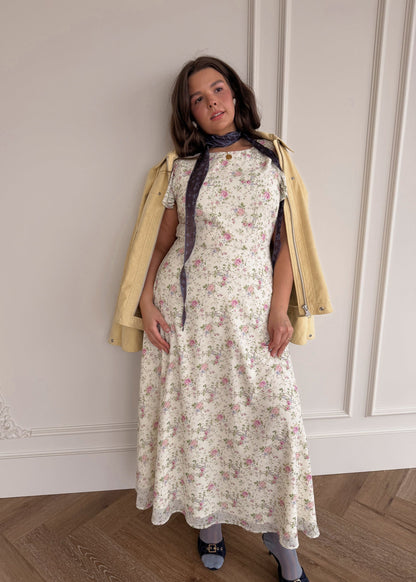 chic size inclusive model wearing JessaKae Elodie A-line Floral Midi Dress - Cream Dresses