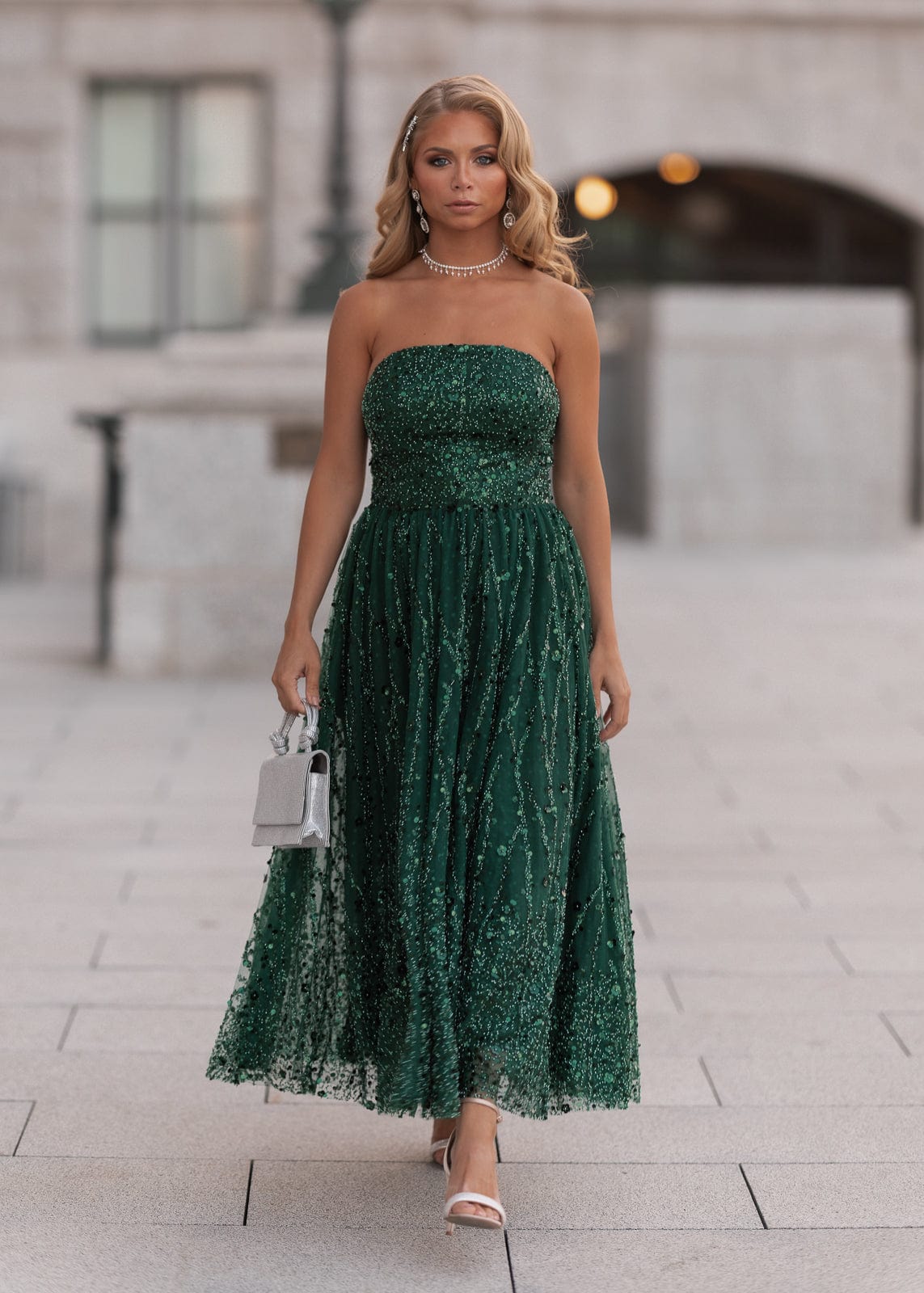 Elphie Strapless Sequin Corset Midi Dress - Green | Occasion Dress in Sizes XXS6X | JessaKae Elphie Strapless Sequin Corset Midi Dress - Green | Occasion Dress in Sizes XXS6X | JessaKae