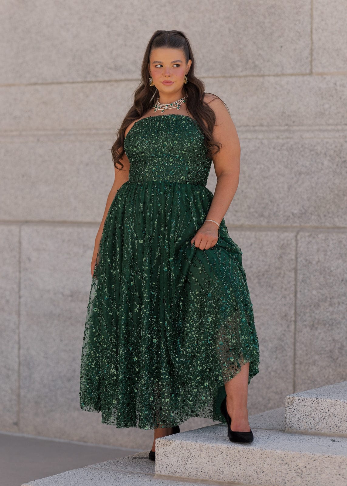 Elphie Strapless Sequin Corset Midi Dress - Green | Occasion Dress in Sizes  XXS–6X