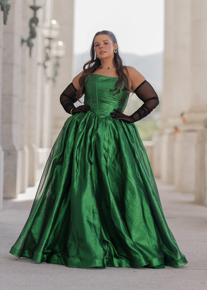 chic size inclusive model wearing JessaKae Emerald Dress