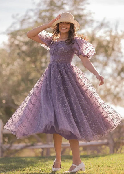 Everbloom Puff Sleeve Midi Dress in Purple | Occasion Dress in