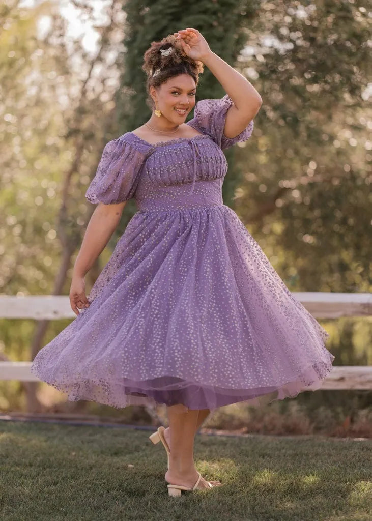 Everbloom Puff Sleeve Midi Dress in Purple | Occasion Dress in Sizes XXS–6X 