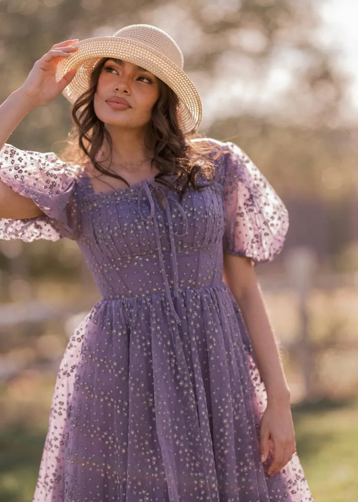 Everbloom Puff Sleeve Midi Dress in Purple | Occasion Dress in Sizes XXS–6X Everbloom Puff Sleeve Midi Dress in Purple | Occasion Dress in Sizes XXS–6X