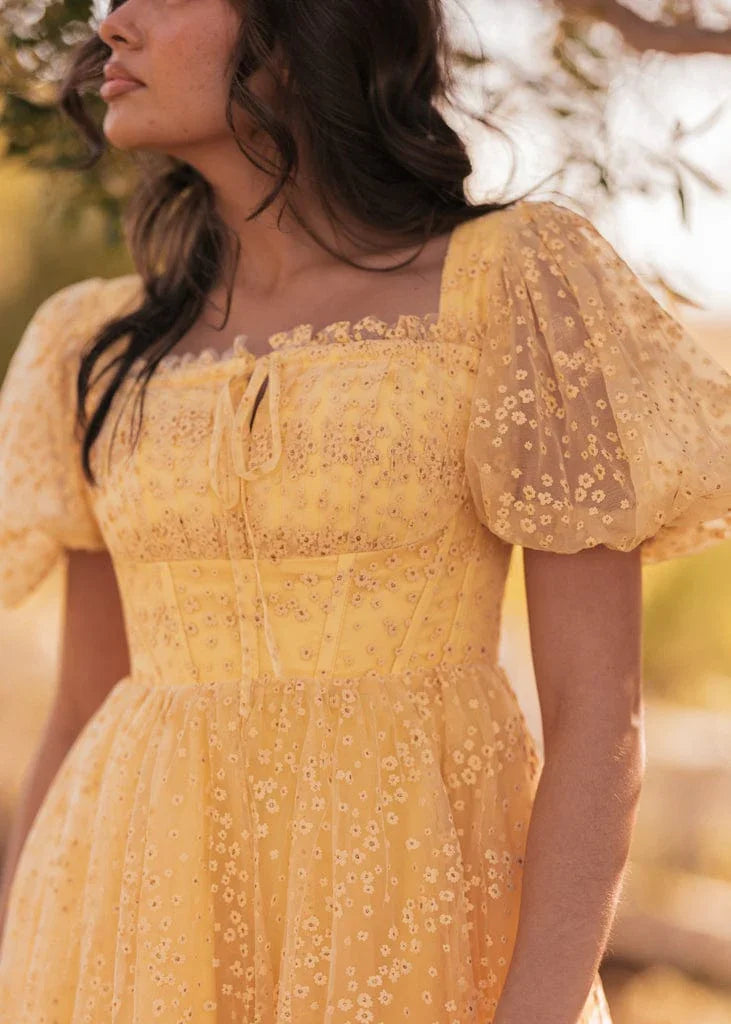 Everbloom Puff Sleeve Midi Dress in Yellow | Occasion Dress in Sizes XXS6X | JessaKae Everbloom Puff Sleeve Midi Dress in Yellow | Occasion Dress in Sizes XXS6X | JessaKae