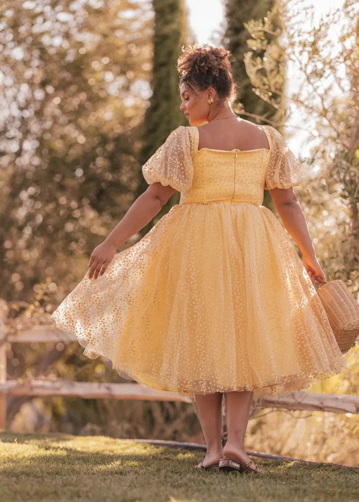 yellow puffed sleeve dress Everbloom Puff Sleeve Midi Dress in Yellow | Occasion Dress in Sizes XXS–6X