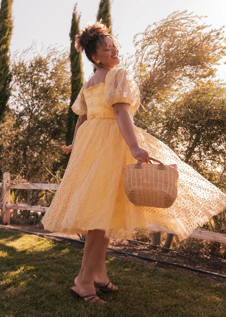 Everbloom Puff Sleeve Midi Dress in Yellow | Occasion Dress in Sizes XXS–6X 