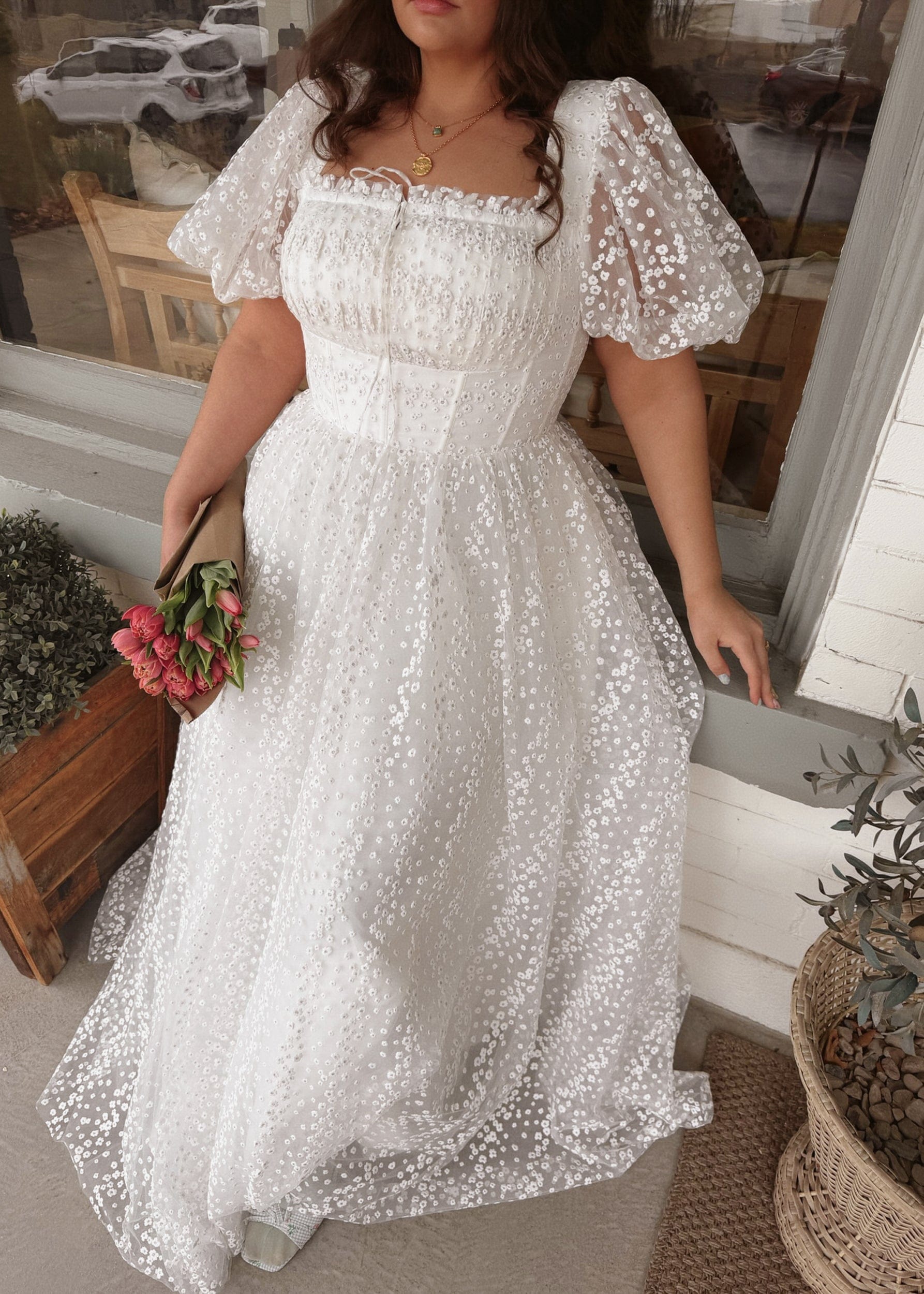 knee length dresses for ladies World of Possibilities Ivory Floral Lace Maxi Dress main image 1