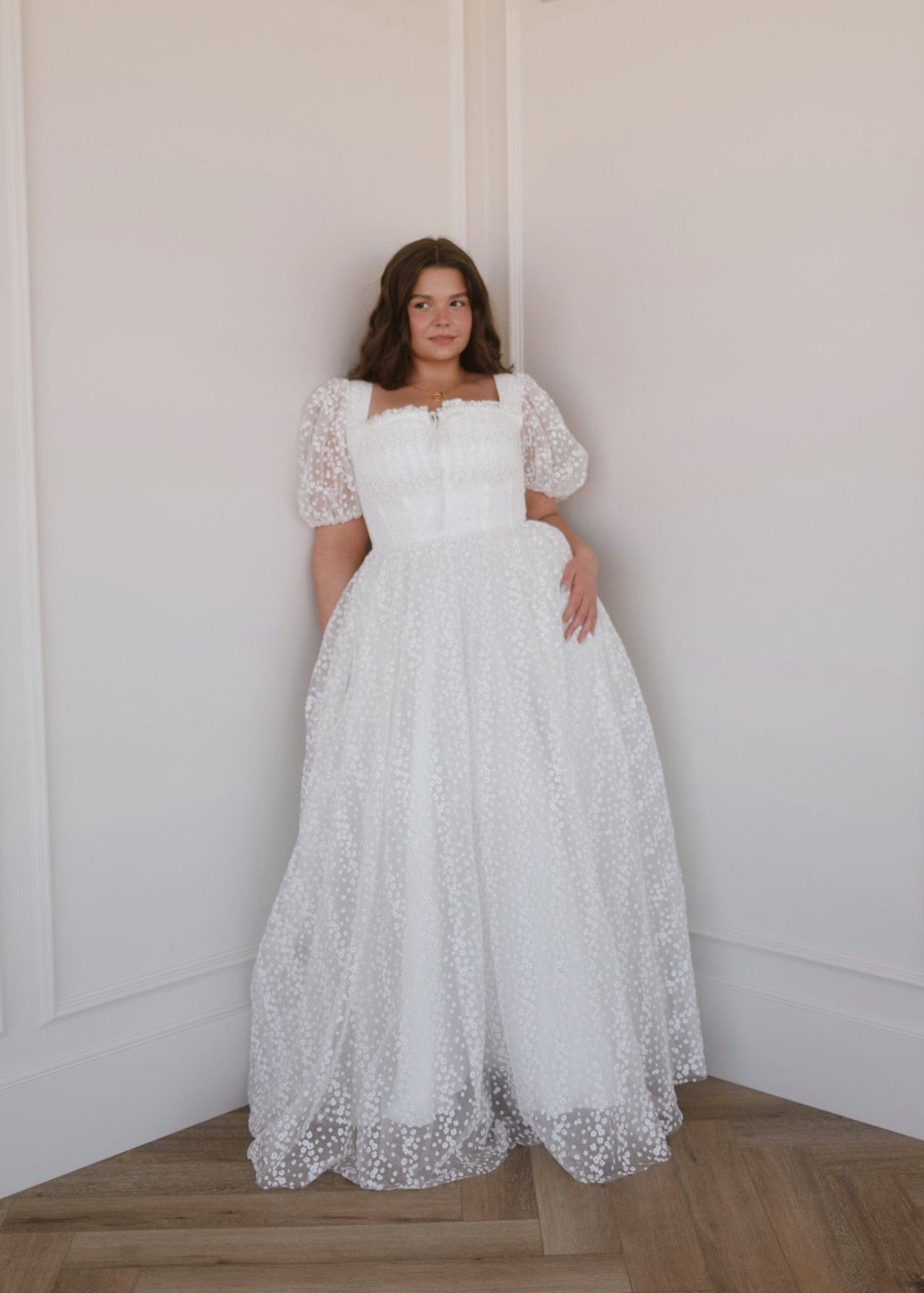 chic size inclusive model wearing JessaKae Everbloom Dress - Maxi White / 12