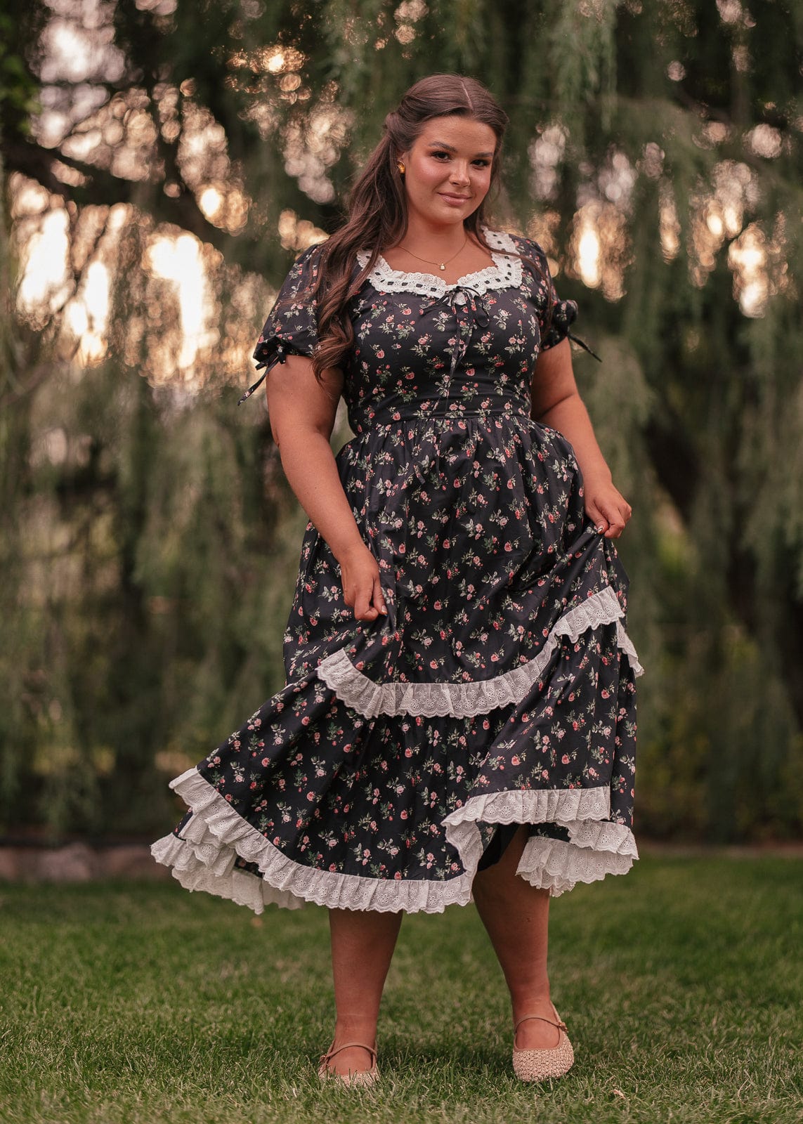 chic size inclusive model wearing JessaKae Fawn Dress
