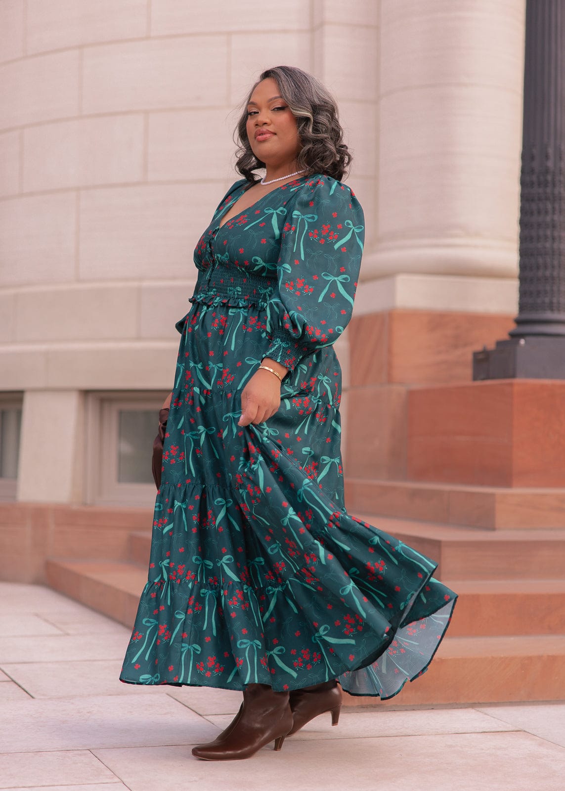 chic size inclusive model wearing JessaKae Garden Rose Dress