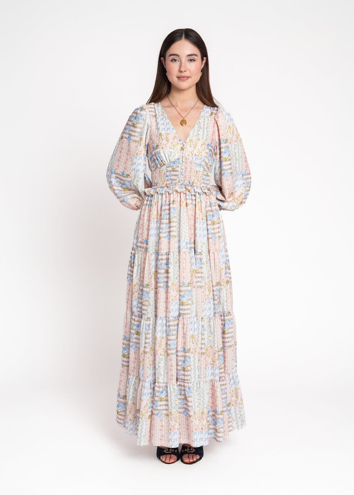 chic size inclusive model wearing JessaKae Garden Rose Patchwork Maxi Dress - Pink