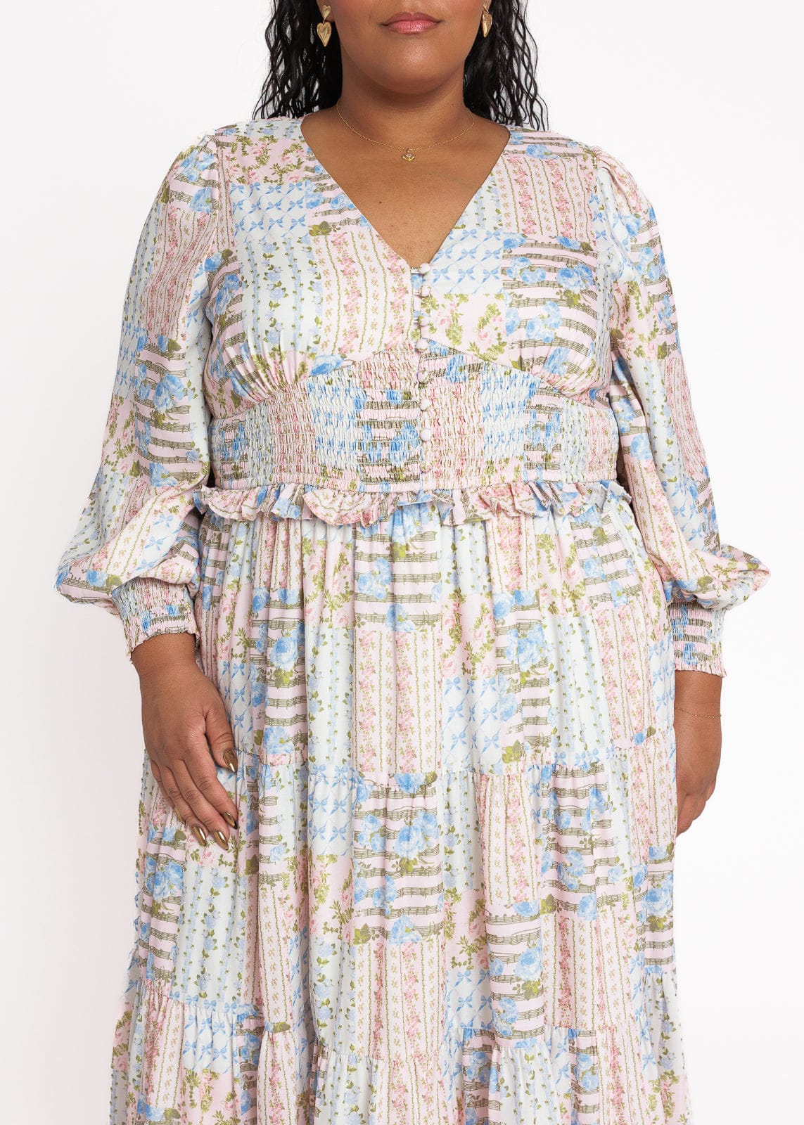 chic size inclusive model wearing JessaKae Garden Rose Patchwork Maxi Dress - Pink