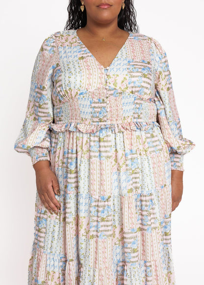 chic size inclusive model wearing JessaKae Garden Rose Patchwork Maxi Dress - Pink