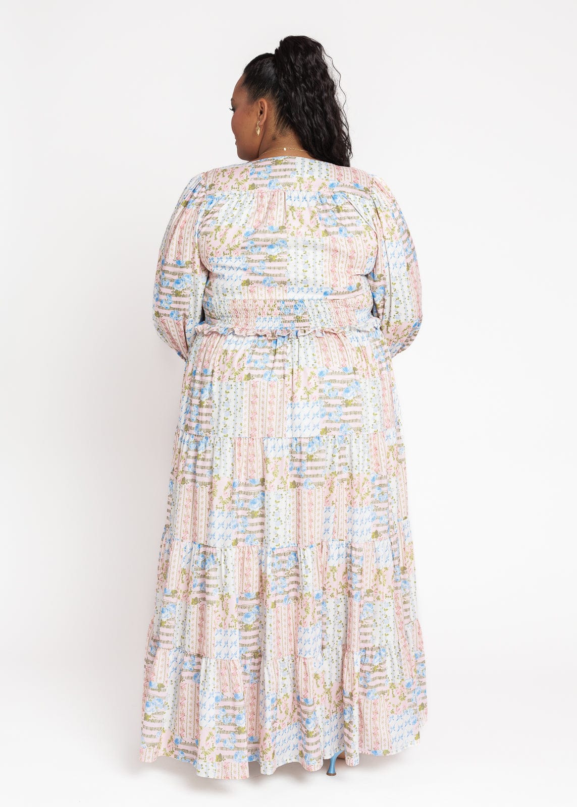 chic size inclusive model wearing JessaKae Garden Rose Patchwork Maxi Dress - Pink