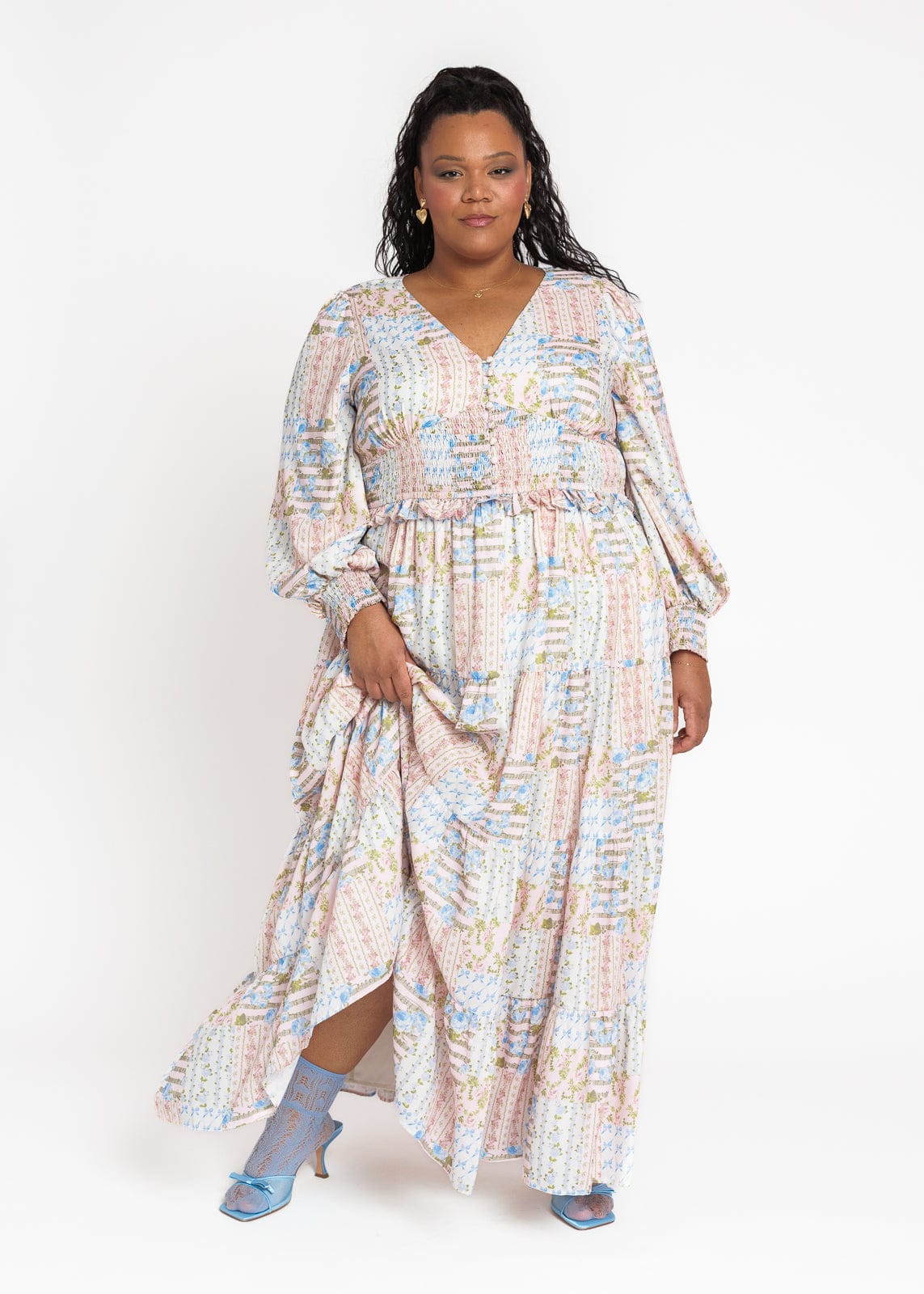 chic size inclusive model wearing JessaKae Garden Rose Patchwork Maxi Dress - Pink