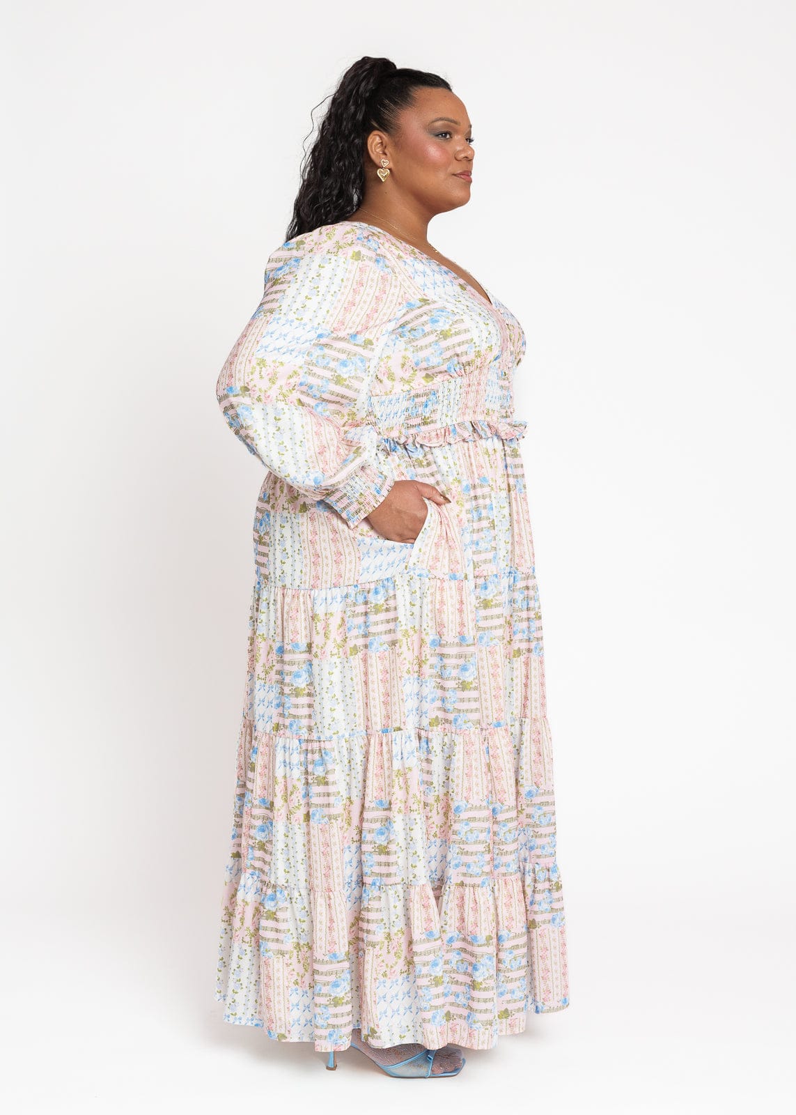 chic size inclusive model wearing JessaKae Garden Rose Patchwork Maxi Dress - Pink