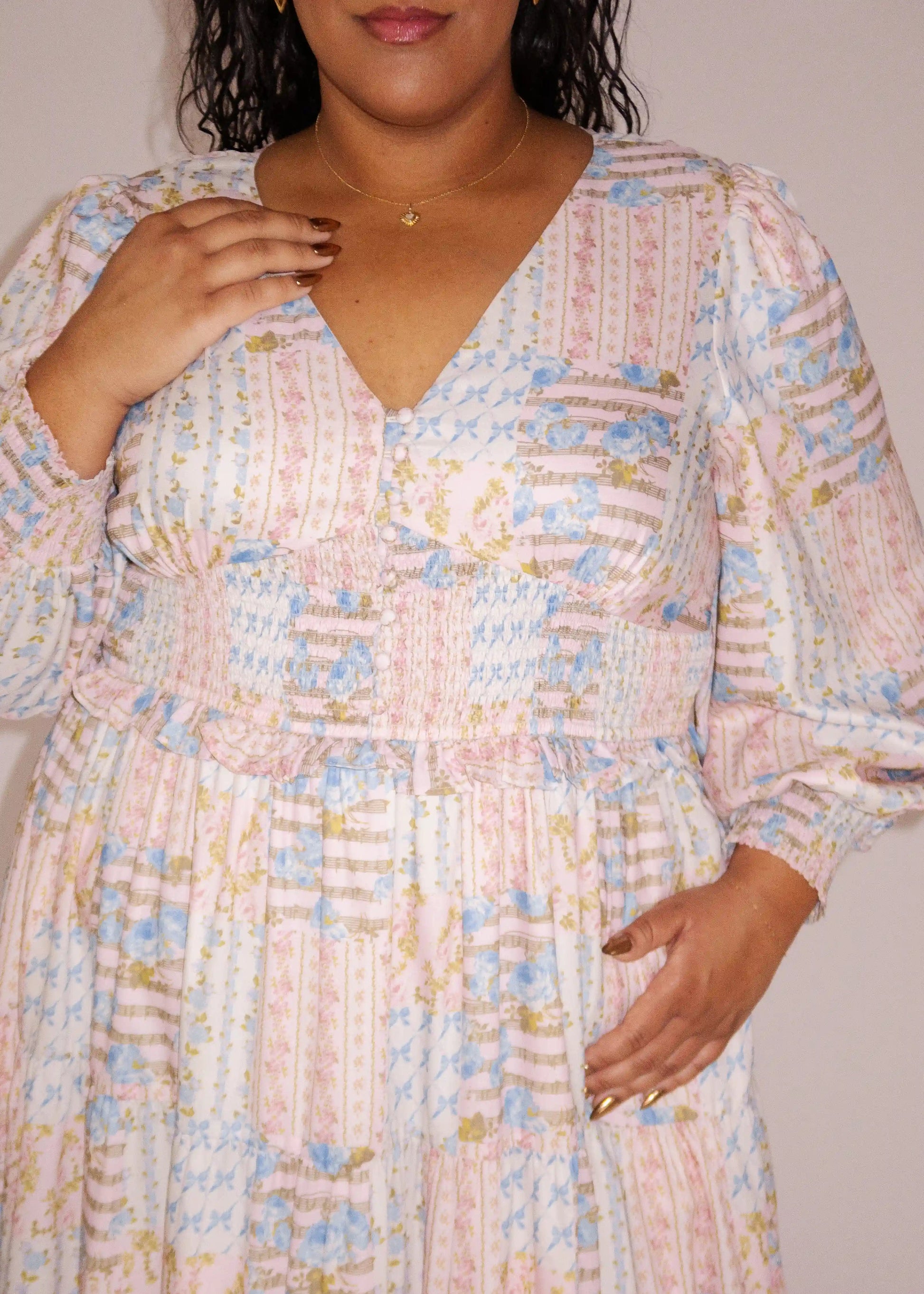 chic size inclusive model wearing JessaKae Garden Rose Patchwork Maxi Dress - Pink