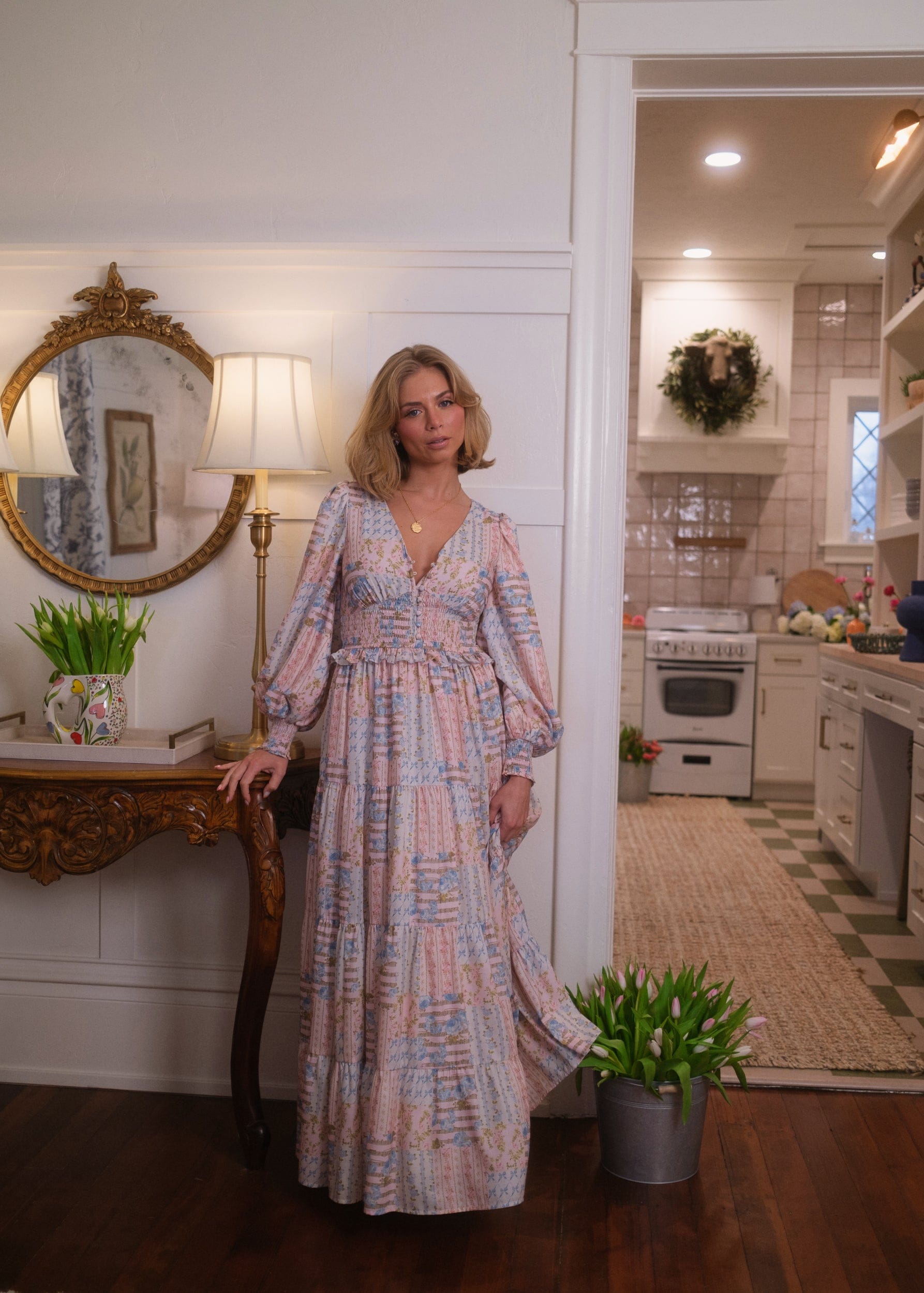 chic size inclusive model wearing JessaKae Garden Rose Patchwork Maxi Dress - Pink Dresses