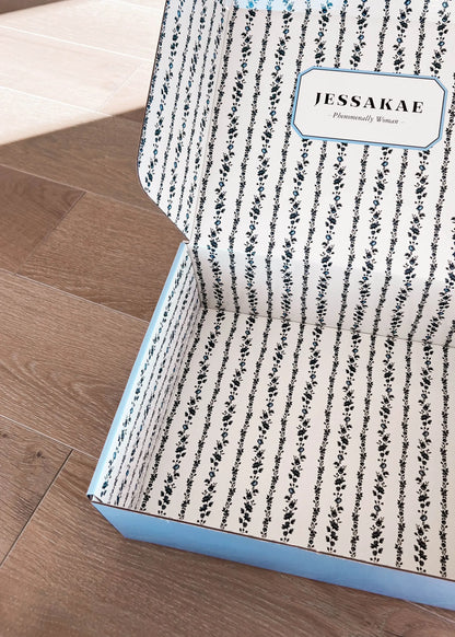 chic size inclusive model wearing JessaKae Gift Box Blue