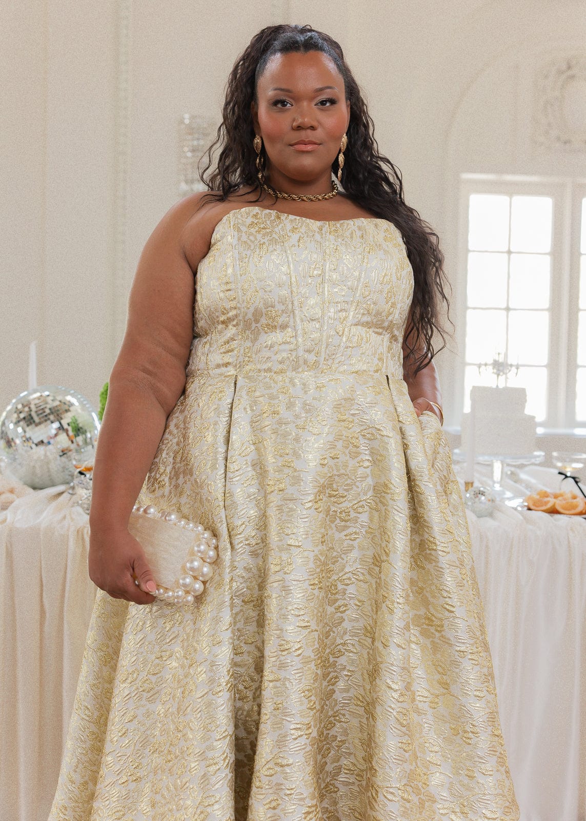 Gloria Strapless Corset Jacquard Midi Dress - Gold | Occasion Dress in Sizes XXS6X | JessaKae Gloria Strapless Corset Jacquard Midi Dress - Gold | Occasion Dress in Sizes XXS6X | JessaKae