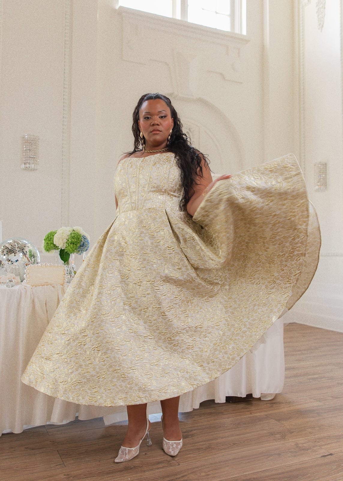 chic size inclusive model wearing JessaKae Gloria Dress