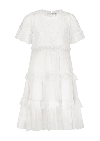 chic size inclusive model wearing JessaKae Harper Girls Dress_White / 12-18M Girls Dress