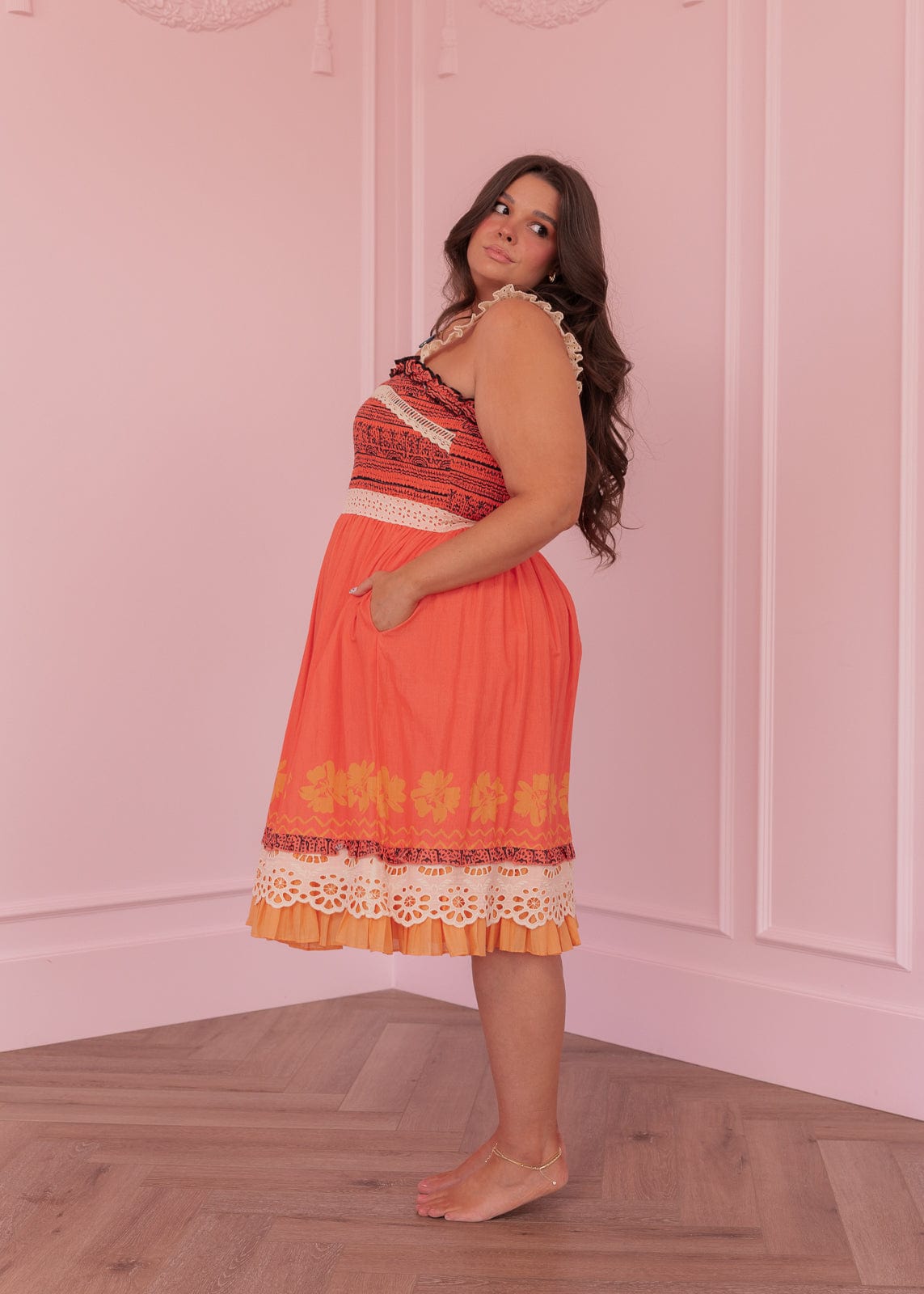 chic size inclusive model wearing JessaKae Island Princess Dress