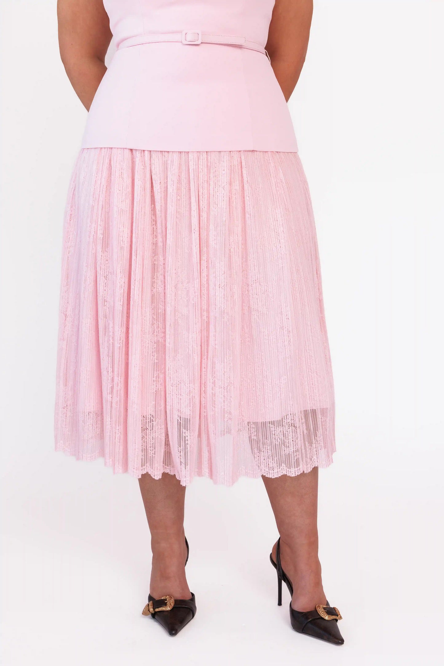 chic size inclusive model wearing JessaKae Jackie Peplum Belted Dress - Pink