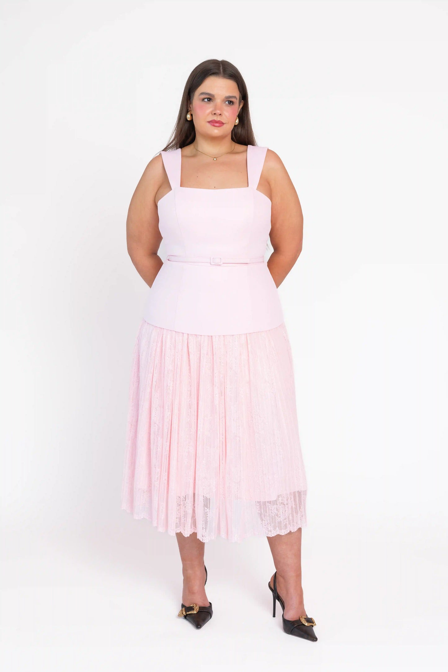 chic size inclusive model wearing JessaKae Jackie Peplum Belted Dress - Pink