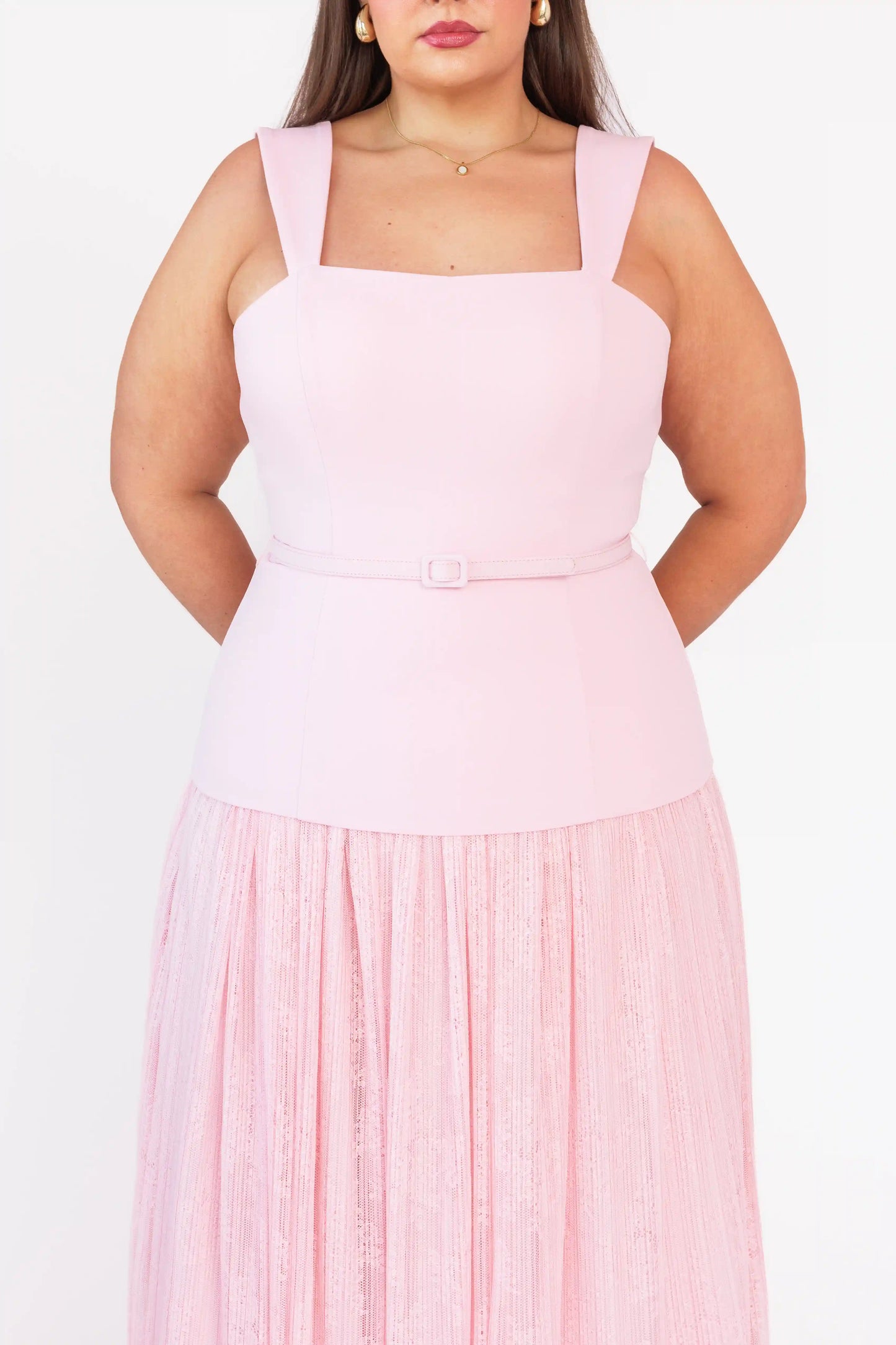 chic size inclusive model wearing JessaKae Jackie Peplum Belted Dress - Pink